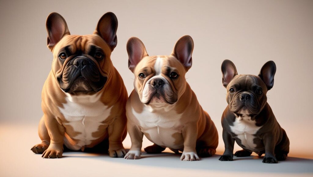 Mini French Bulldog next to standard French Bulldogs – visual size comparison from MN breeder