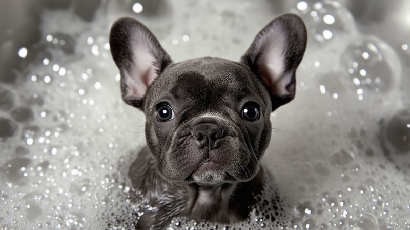Frenchie puppies getting a gentle bath during grooming routine – healthy and happy mini French Bulldog care